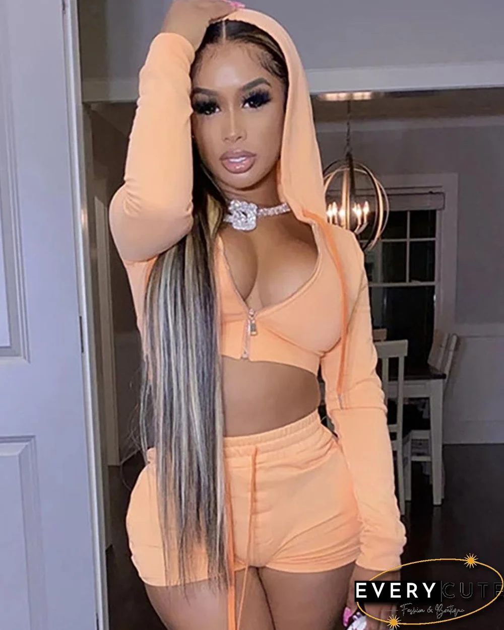 Zip Hooded Crop Top & Drawstring Shorts Set