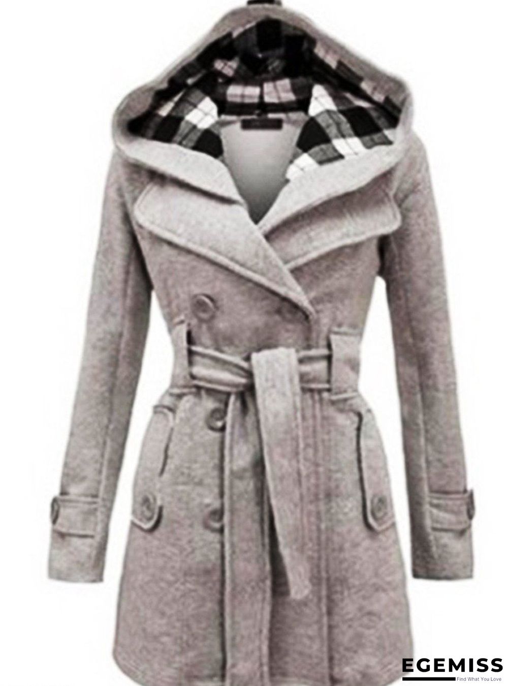 Checked Hooded Woolen Coat With Long Belt | EGEMISS
