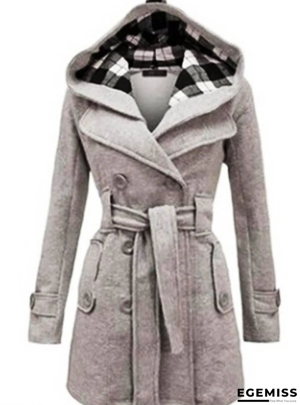 Checked Hooded Woolen Coat With Long Belt | EGEMISS