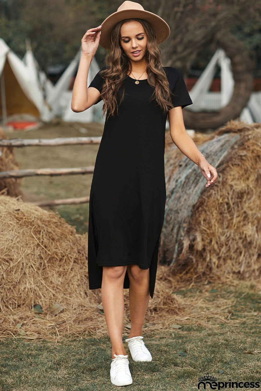 Casual Short Sleeve T-shirt Midi Dress with High Splits