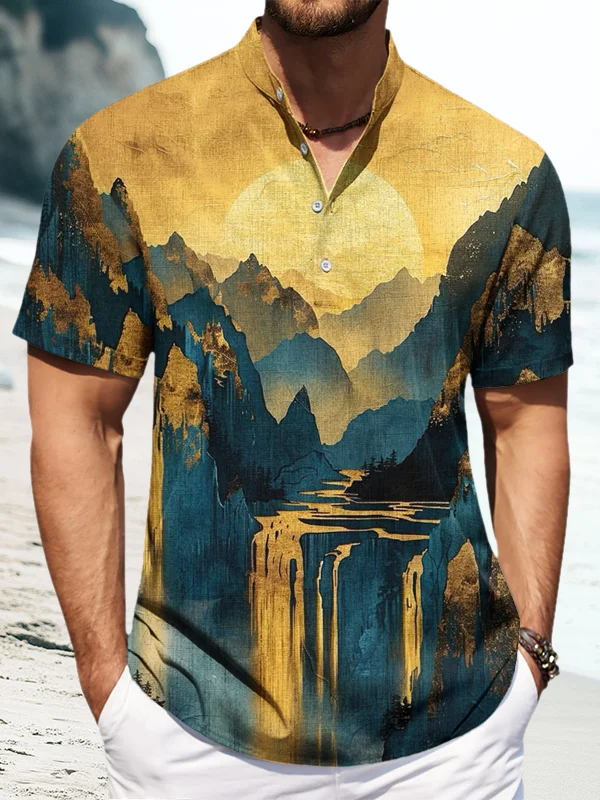 Men's Golden Landscape Waterfall Print Half Button Shirt