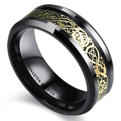 6MM 8MM Women or Men's Tungsten Carbide Wedding Rings Black Celtic Dragon Knot with Yellow Gold Resin Inlay Design