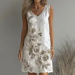 Women's Vintage Rose Art V-neck Sleeveless Mini Dress - Image 2