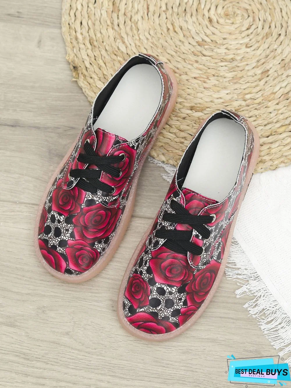 Floral Pattern  Lace-up Front Flat Shoes
