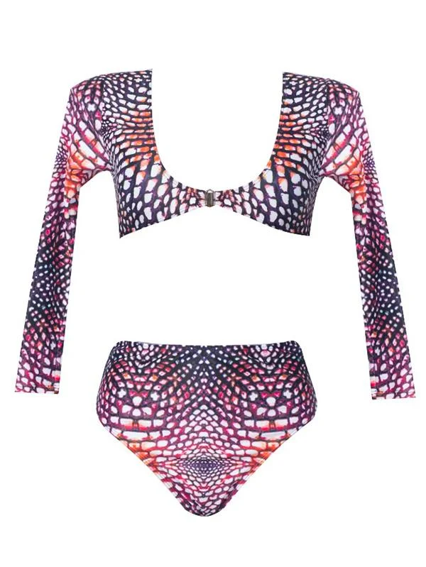 Abstract Printed Long Sleeve Tankini Split Bikini Swimsuit