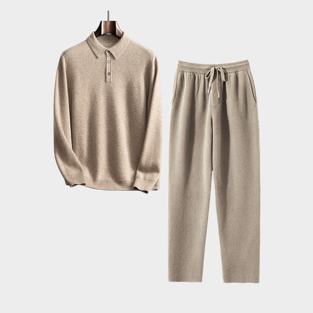 Men's Camel Cashmere Polo Shirt and Pants Set | Classic Casual Knitwear REAL SILK LIFE