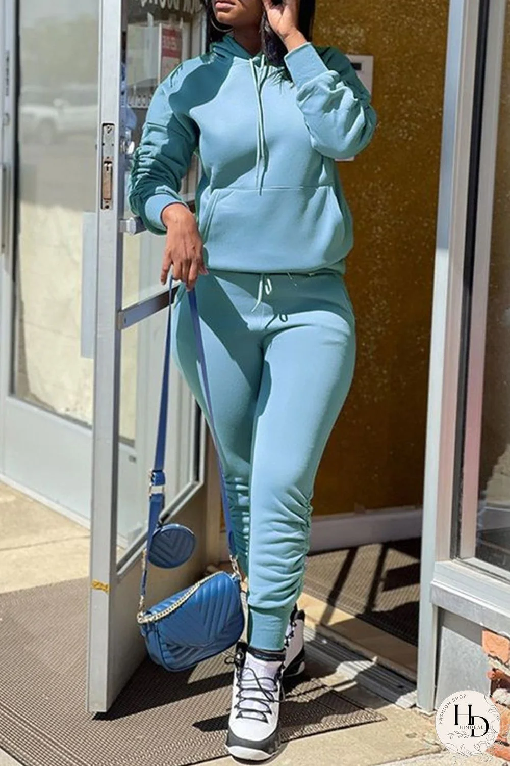 Light Blue Fashion Casual Solid Basic Hooded Collar Long Sleeve Two Pieces