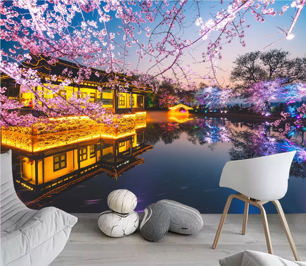 Japanese Cherry Blossoms Mount Fuji Landscape Wall Hanging Tapestry Ancient Palace With Moon Nature Scendry Home Wall Blanket