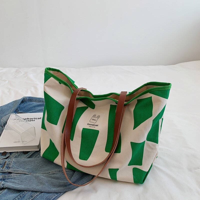 Canvas Shoulder Bag Lattice Geometry Large Capacity Simple Student Portable Handbag Shopping Bag Fashion Travel Bag Women's Bag