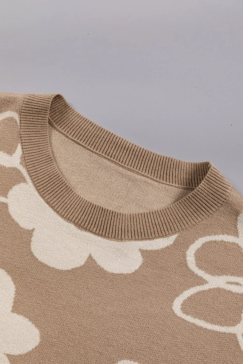Cozy Camel Floral Knit Sweater with Drop Shoulder Detail