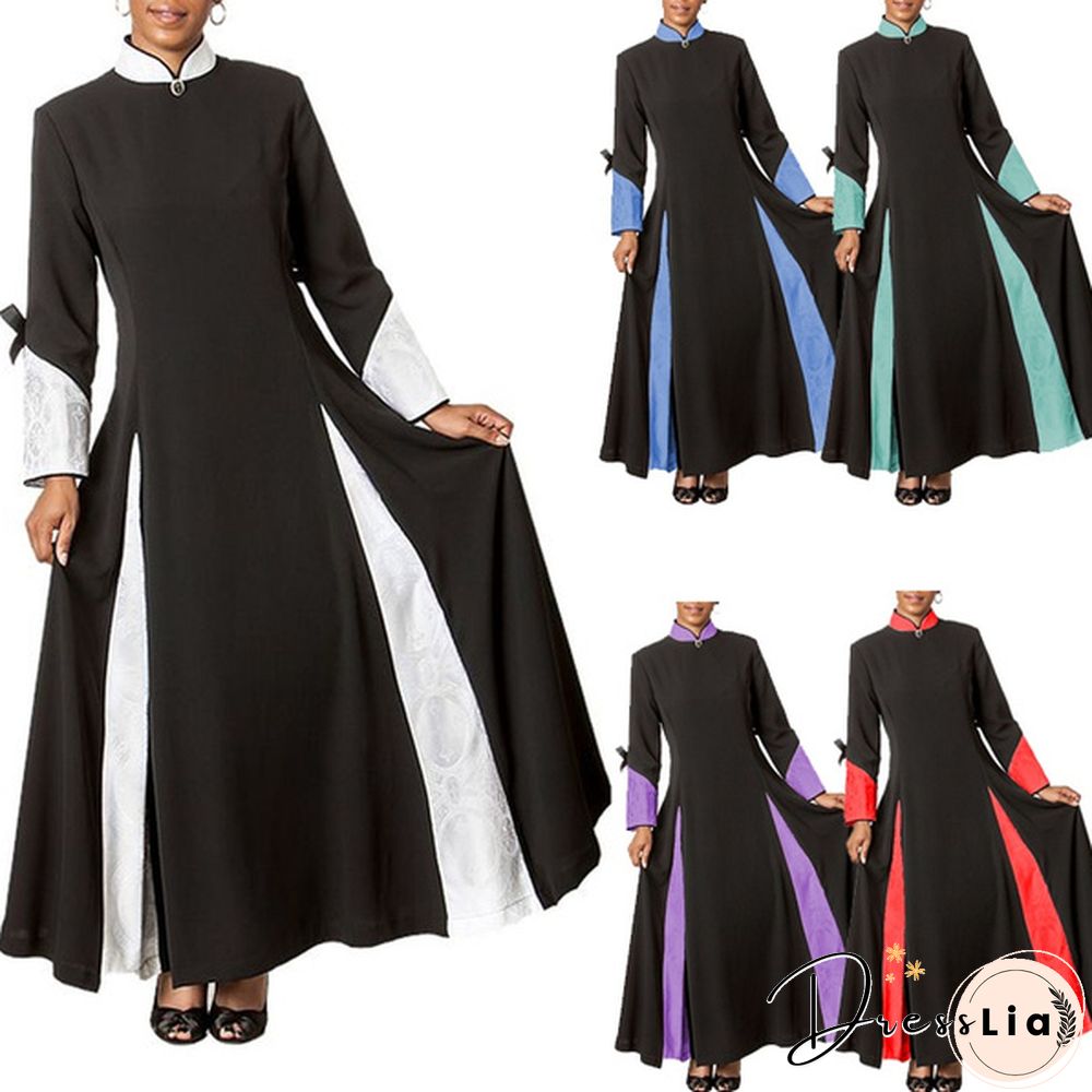 Church Women Clergy Dress Fashion Patchwork Long Sleeve Dress Patchwork Fall Winter Dress Stand Collar Pleated Preaching Robe