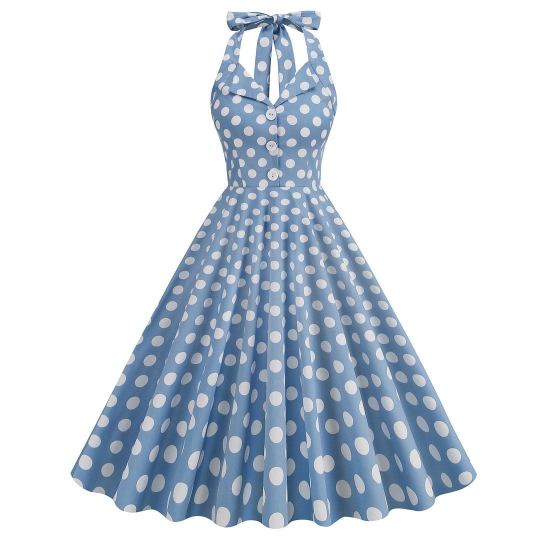 1950s Light Blue Casual Polka Dot Halter Corset Decorative Button Bell Midi Dress