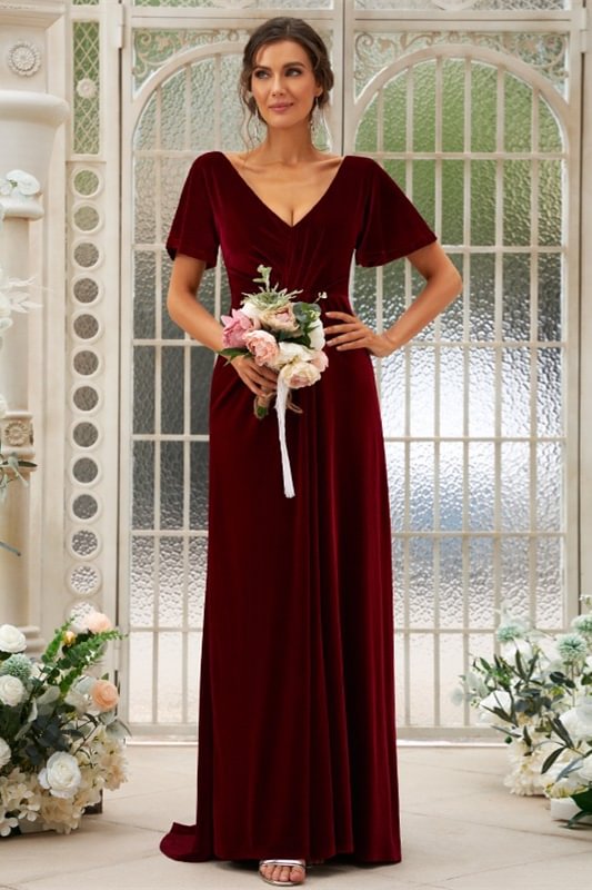 Luluslly Velvet Short Sleeves Long Bridesmaid Dress V-Neck