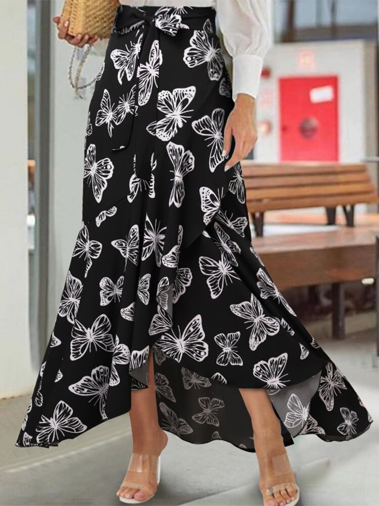 Butterfly Print Elastic Waist Ruffle Hem Mermaid Skirt - Shop Trendy Women's Clothing | LoverChic