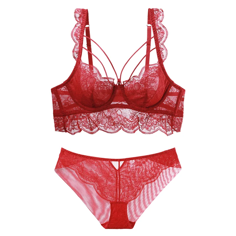 Billionm Women Underwear Sexy Ultra Thin Bra Set Black Lace Hollow Push Up BrassiereTemptation Intimates Plus Size Bra & Brief Set