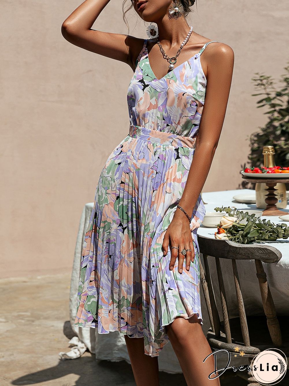 V-neck holiday pleated print summer dress women Spaghetti straps floral sexy beach sundress Sexy casual female vestidos