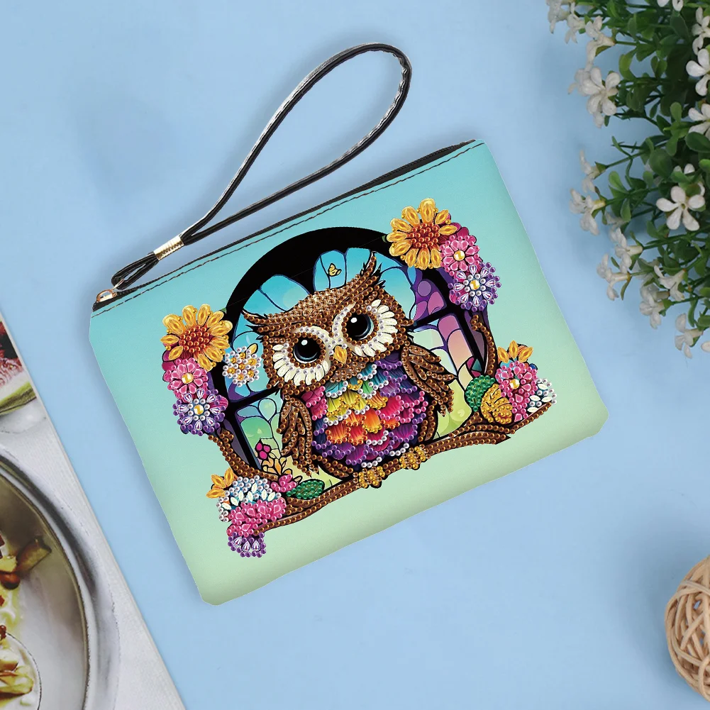 DIY Owl PU Partial Special Shaped Diamond Painting Wallet Makeup Bag