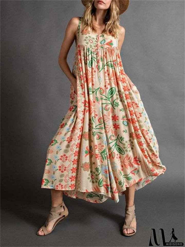 MidiSono - Women's Sleeveless Oversize Vintage Print Wide Leg Jumpsuit