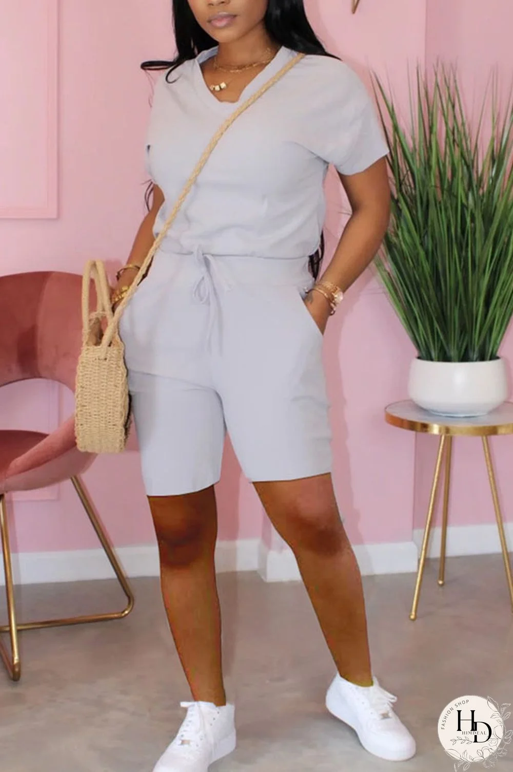 Apricot venetian Casual Two Piece Suits Solid pencil Short Sleeve Two-Piece Short Set