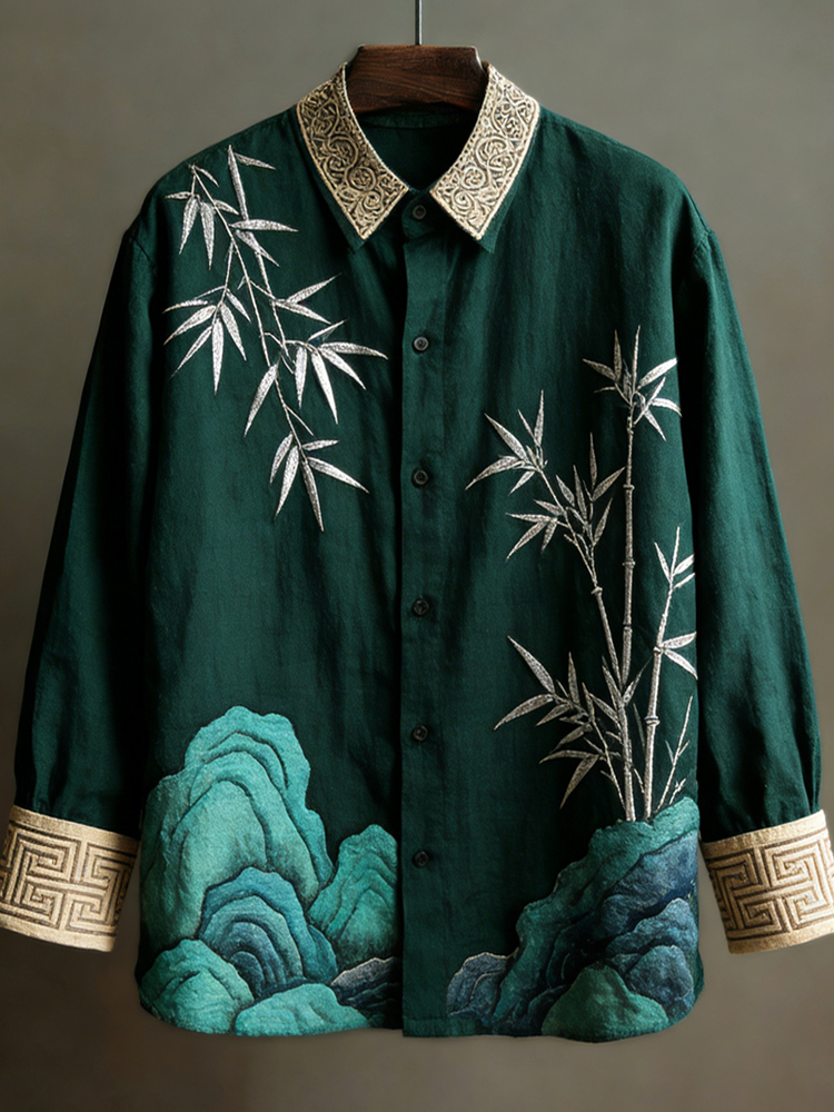 Japanese Landscape Vintage Men's Linen Long Sleeve Shirt  artssus