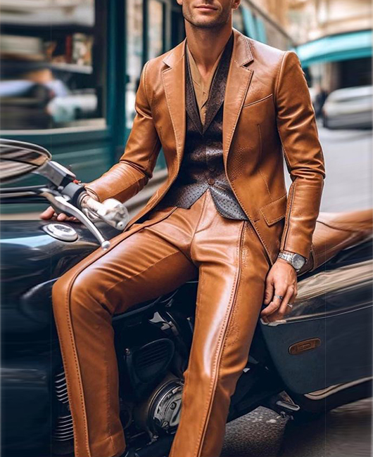 PU Leather Notch Lapel Single Breasted Blazer & Pants 2Pcs Set