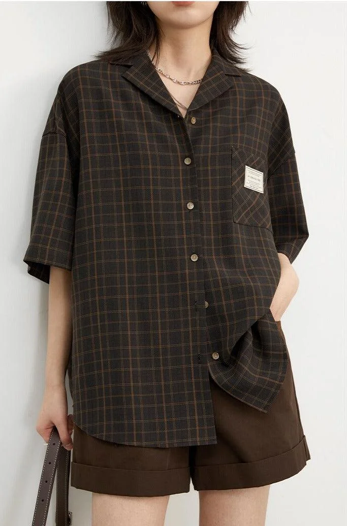 Brownm Academia V-Neck Plaid Shirt