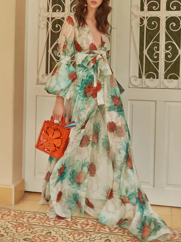 V-neck Puff Sleeves Women's Dress