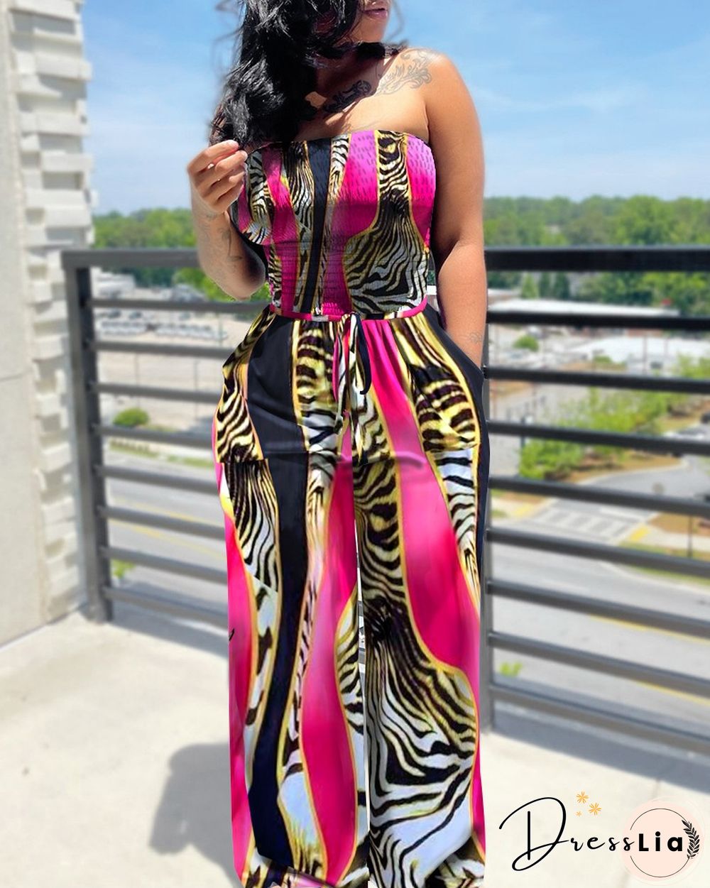 Animal Print Drawstring Waist Shirred Bodice Wide Leg Jumpsuit