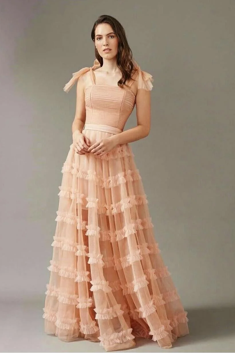 Miabel Charming Pearl Pink Tulle Sleeveless Spaghetti Strap Long Prom Dress with Ruffles 