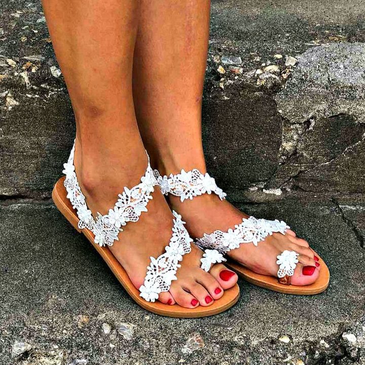 Women's Boho Floral White Lace Wedding Sandal With Pearls