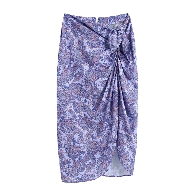 TRAF Women Chic Fashion With Knot Paisley Print Wrap Midi Skirt Vintage High Waist Back Zipper Female Skirts Mujer