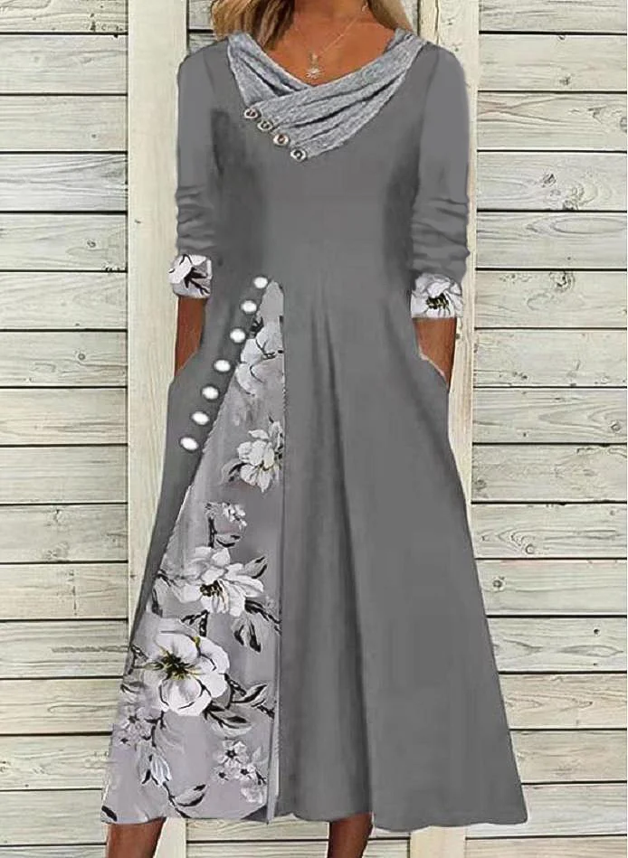 Floral Tunic V-Neckline Midi A-line Dress