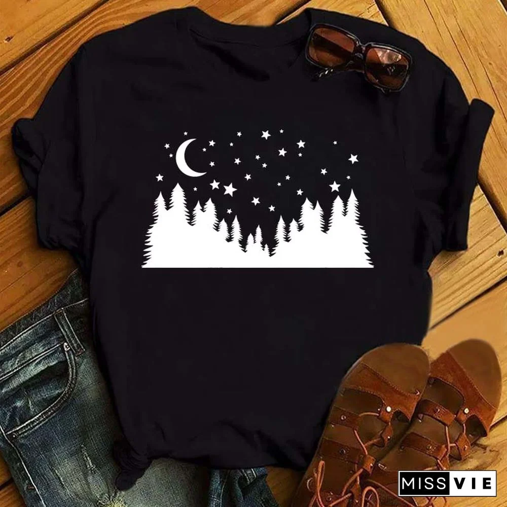 Maycaur Women Harajuku T Shirt New Moon Star Printed T Shirt O-Neck Summer Short Sleeve Tees Women Clothes Graphic T Shirts