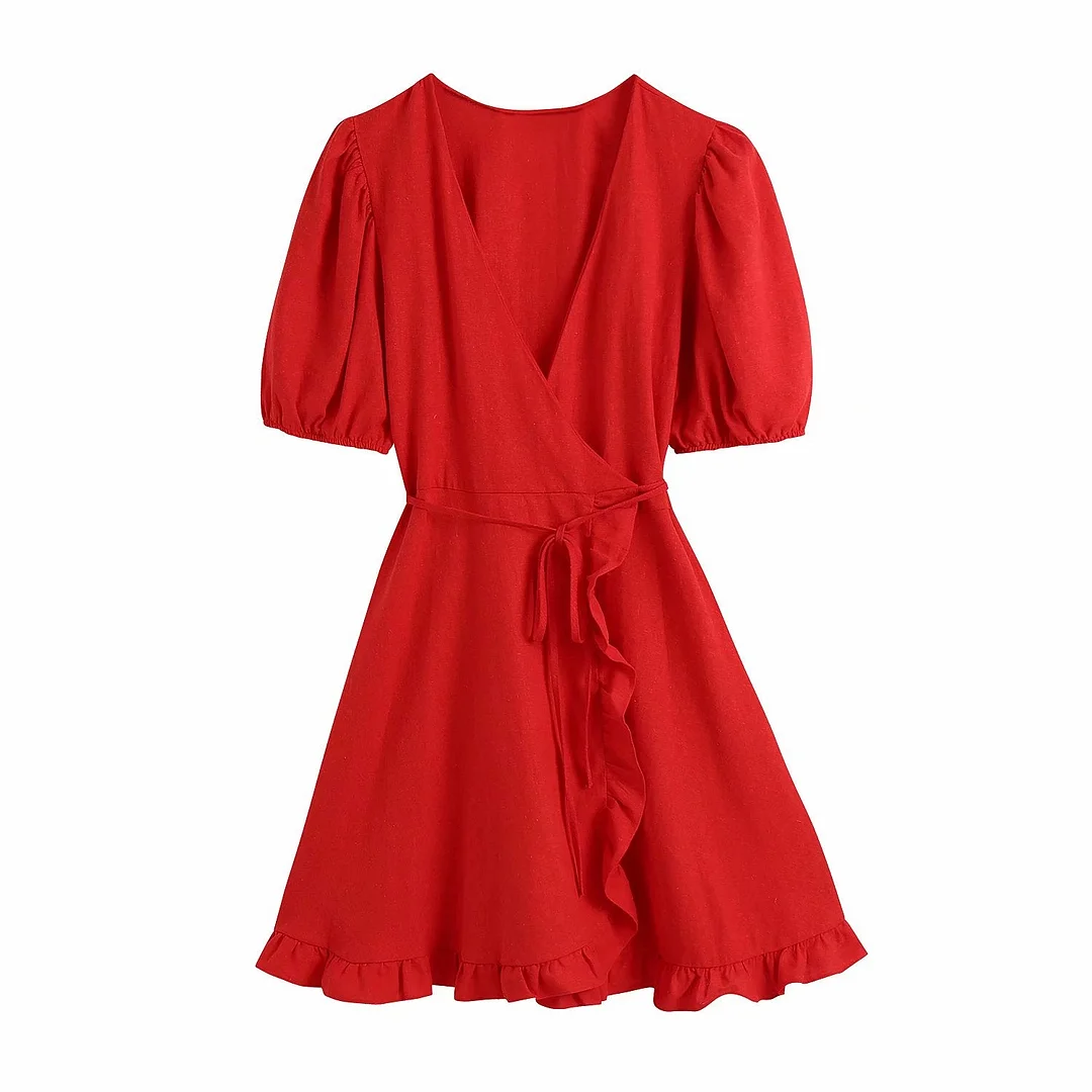 Zevity Women Fashion Cross V Neck Ruffles Red Kimono Dress Femme Chic Sweet Pleat Puff Sleeve Casual Lace Up Mini Vestido DS8519