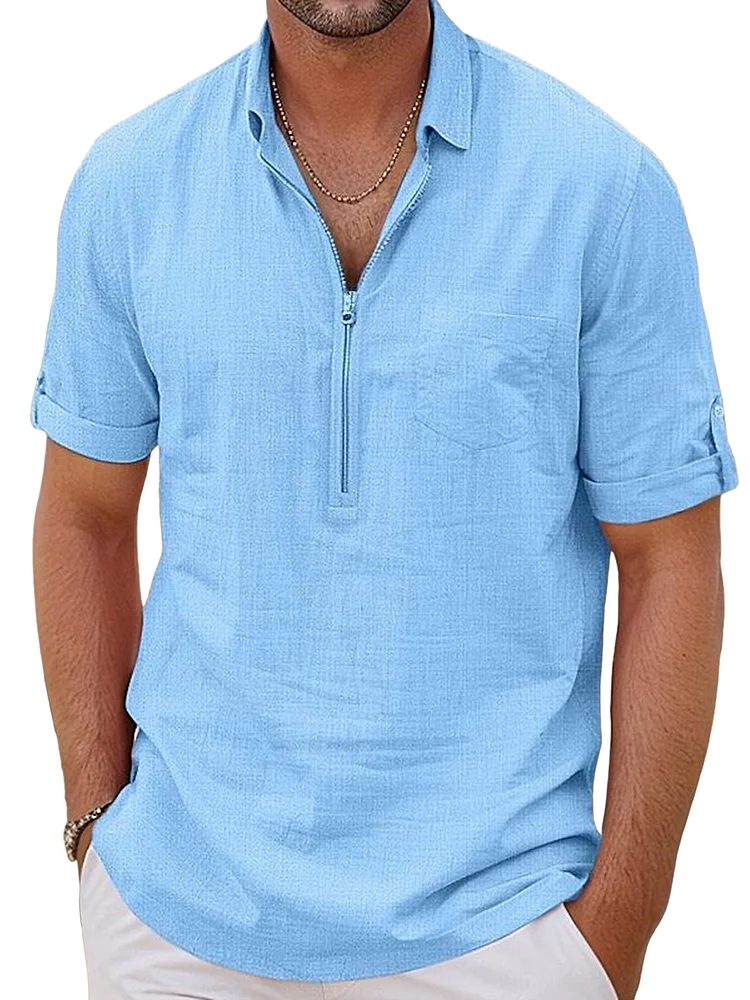 Men's summer imitation linen zipper lapel solid color short-sleeved shirt
