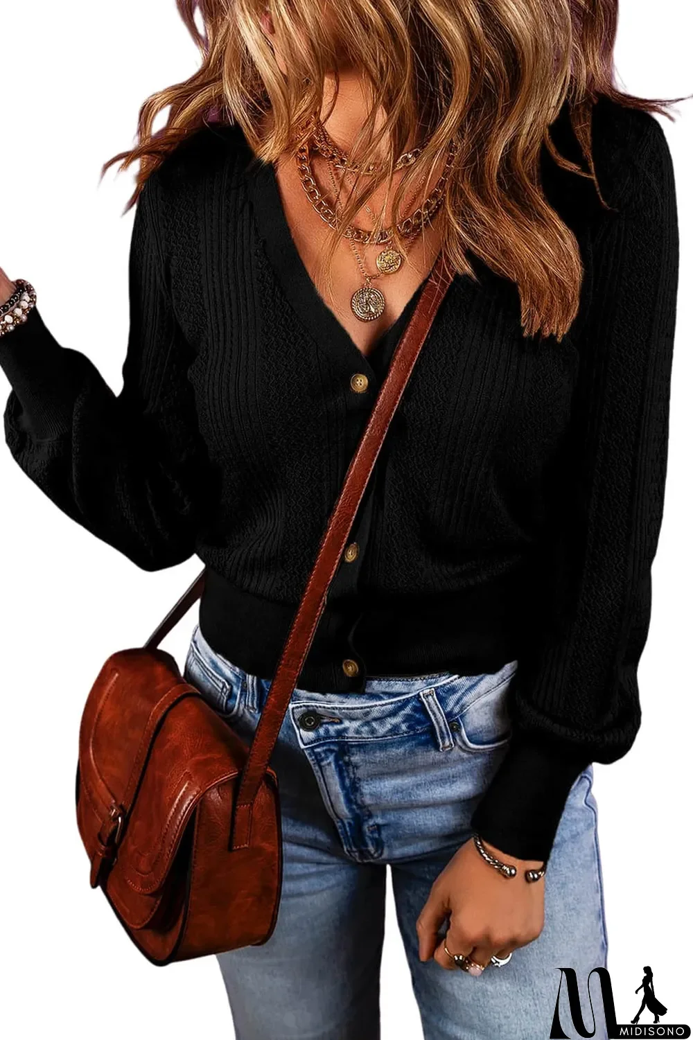 MidiSono - Black V Neck Buttoned Textured Sweater Cardigan