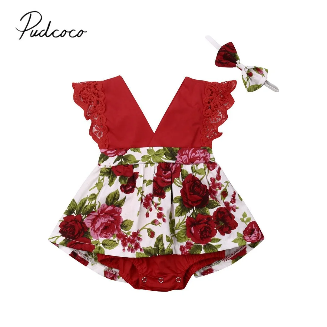 2019 Baby Summer Clothing Infant Baby Girls Floral Bodysuit Dress Sleeveless Lace V-Neck Ruffles Jumpsuit Headband Outfits