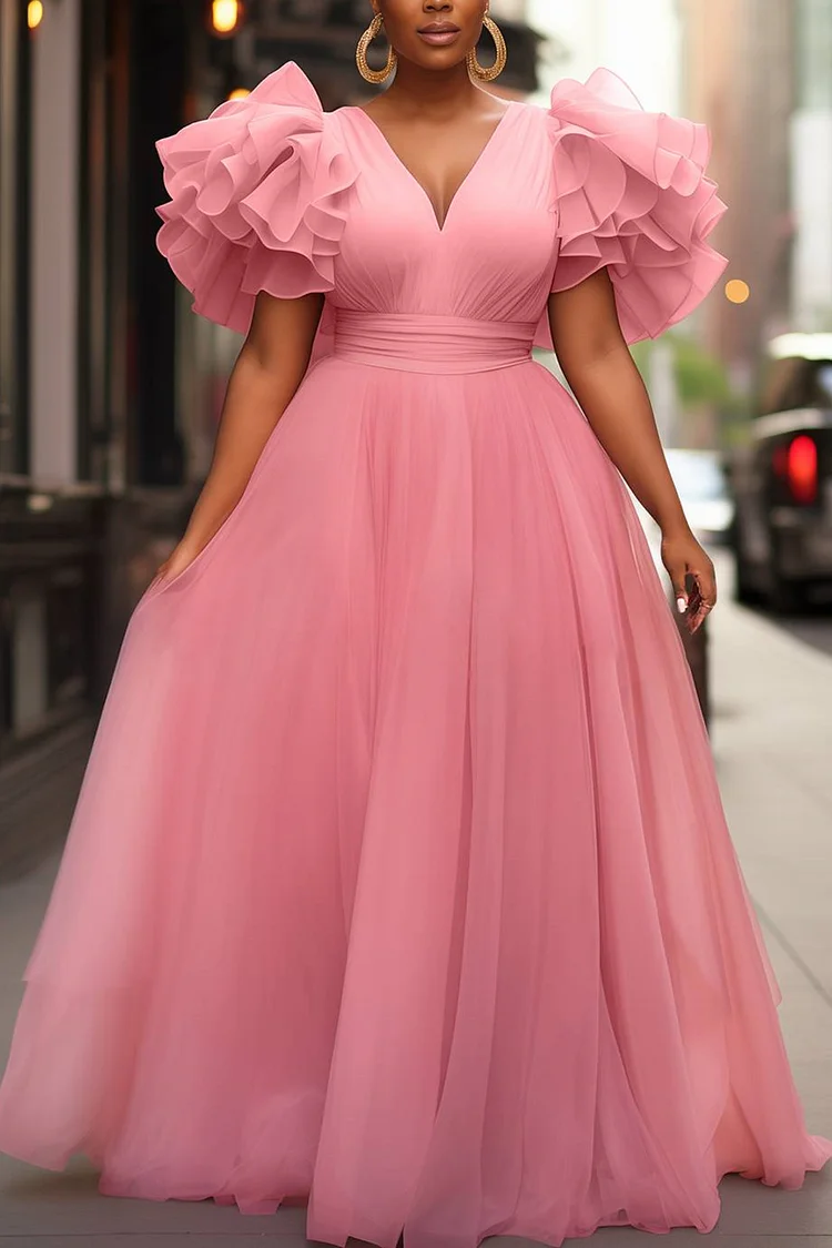 Xpluswear Design Plus Size Formal Pink V Neck Flutter Sleeve Ruffle Tiered Tulle Maxi Dresses [Pre-Order]