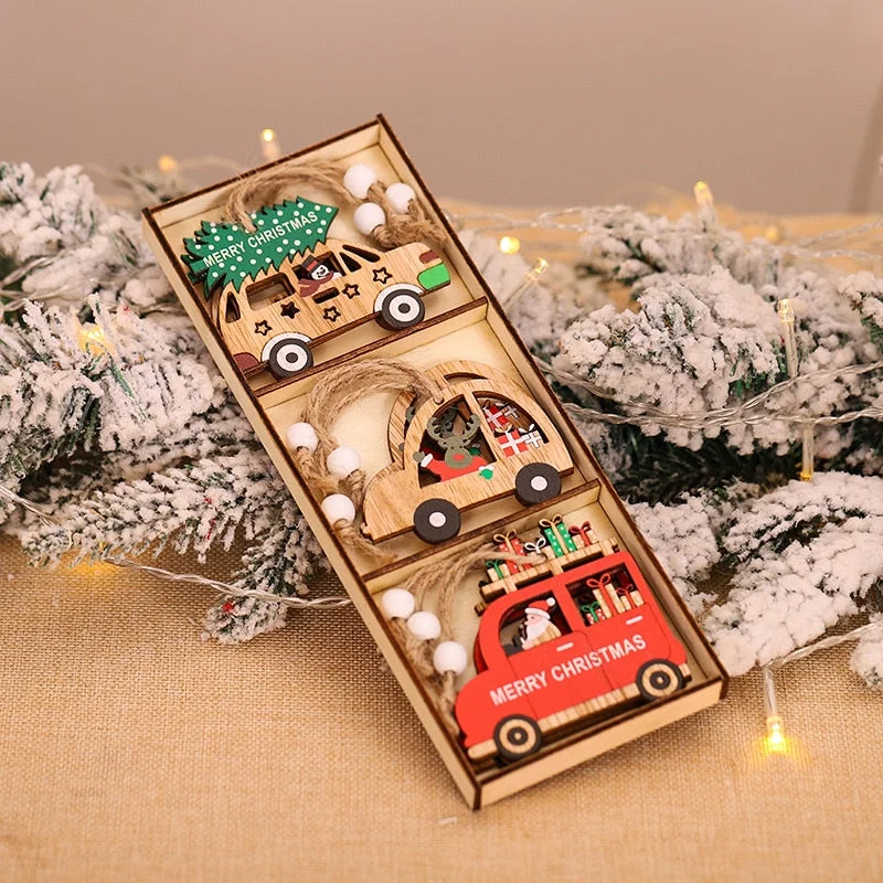 9pcs/box Christmas Car Wooden Pendants Xmas Tree Hanging Ornaments Christmas Decorations for Home Kids Gift Noel Navidad Decor