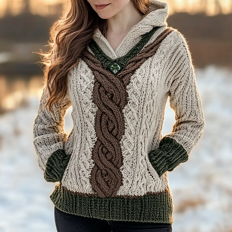 Women's Irish Celtic Knotted Jacquard Pocket Ireland's Hooded Sweater