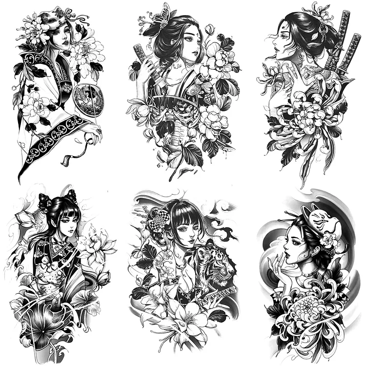 6 Sheets Arm Fake Waterproof Temporary Tattoos Stickers Black Japanese Geisha Samurai Women Flower Lotus