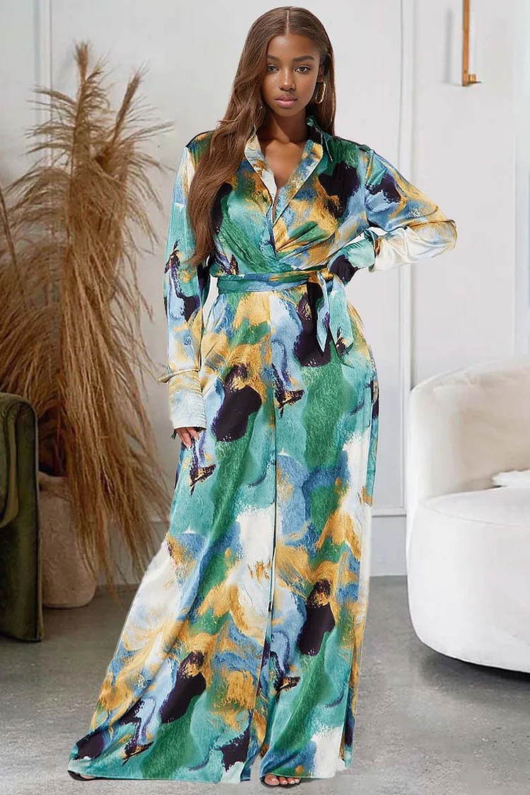 Tie Dye Pattern Long Sleeve Blouse Wide Leg Jumpsuit-Green [Pre Order]