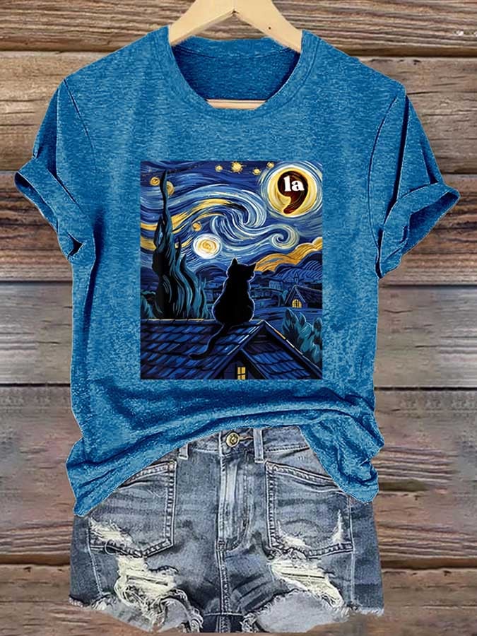 Retro Cat LA Starry Night Print T-Shirt