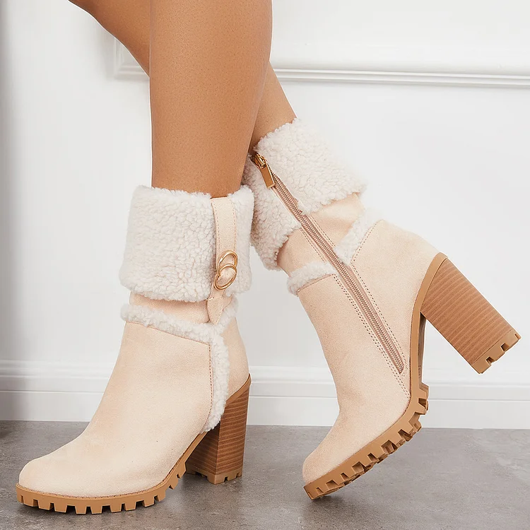 Fur Lined Ankle Snow Boots Side Zipper Chunky Heel Booties