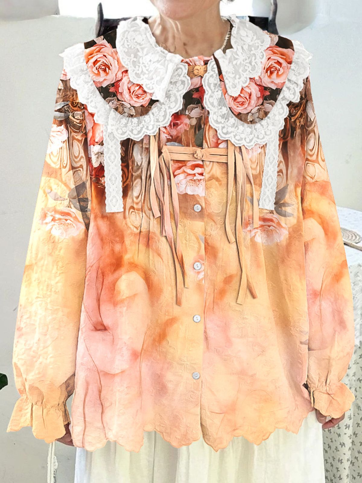 Women Printed Long Sleeve Round-neck  Cute Collar Shirts Blouses Orange