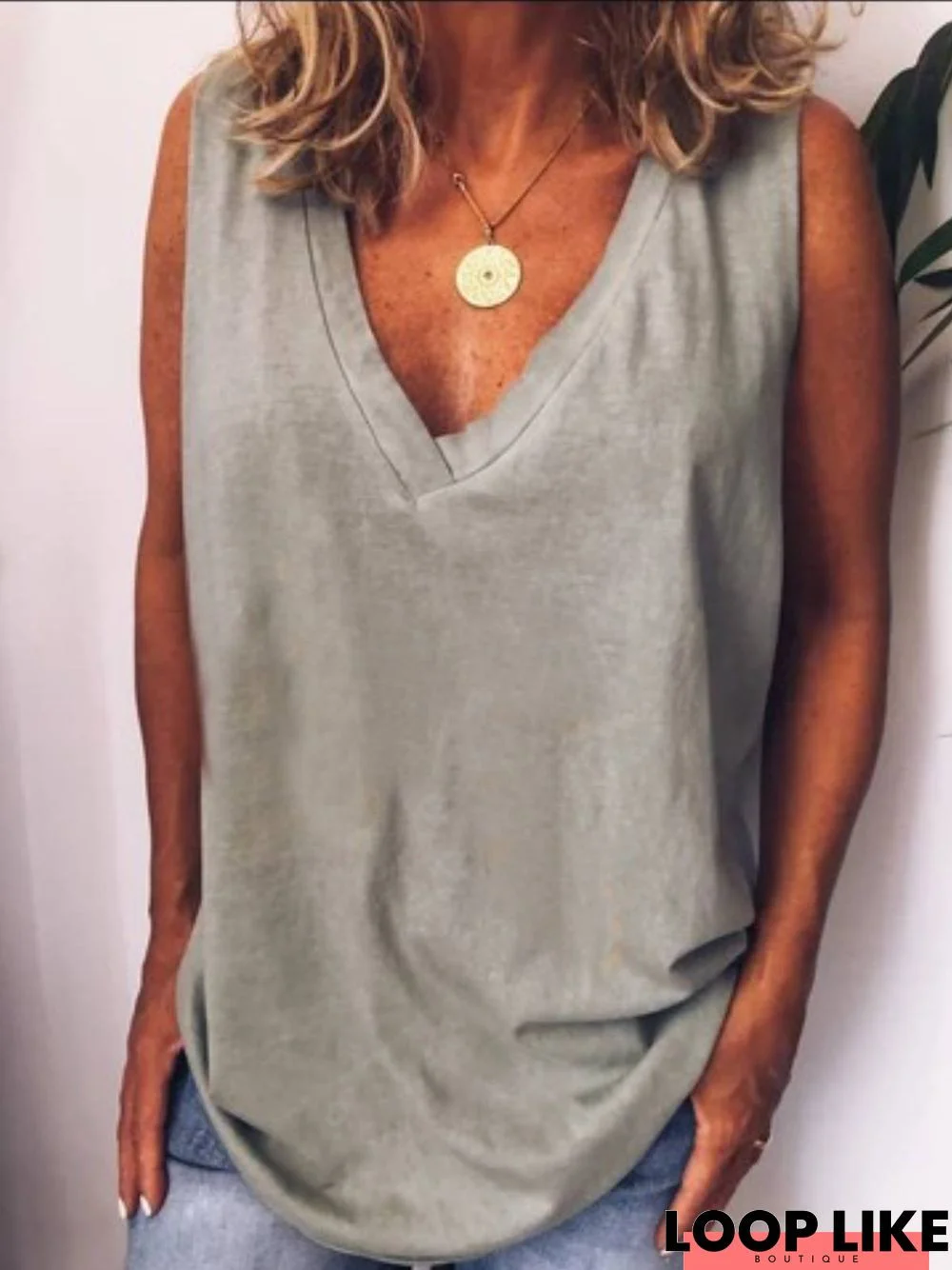 V Neck Loose Cotton-Blend Plain Tank & Cami