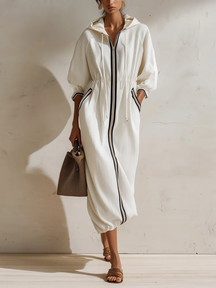 Women's White Hooded Dress | Full Zip Long Sleeve Drawstring Waist Midi Dress
