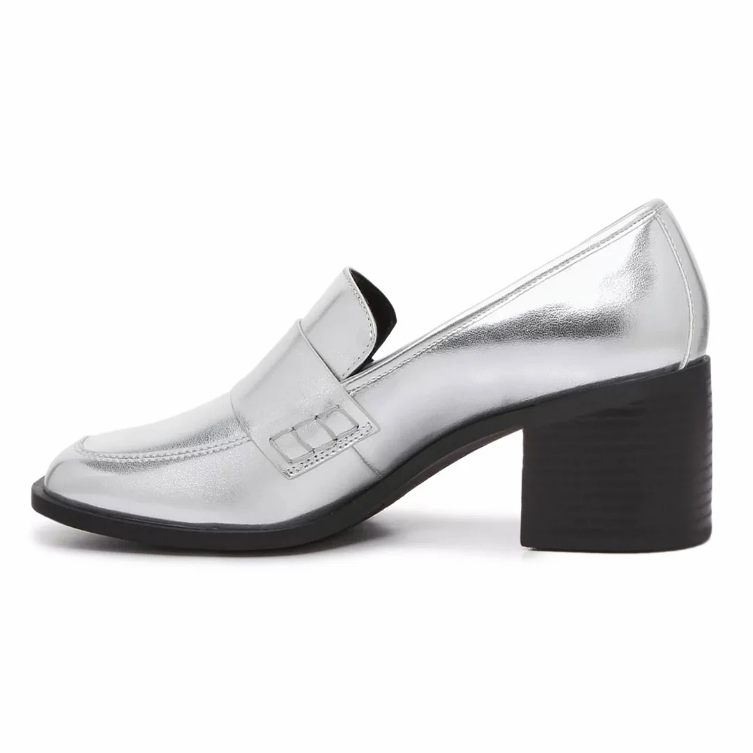 Chic Metallic Finish Slip-On Square-Toe Loafer Heels in Silver