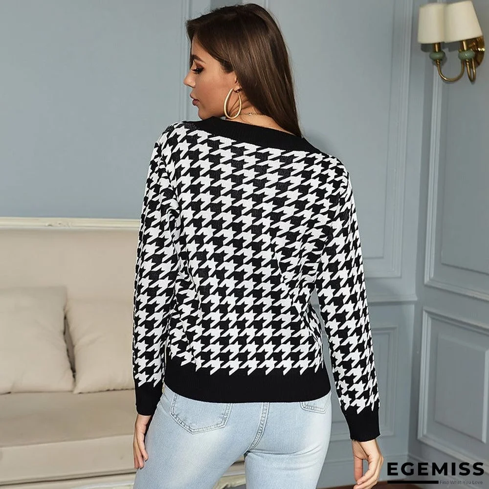 Long-sleeved Thousand Bird Geiger V Collar Bottom Knitted Sweater Girl | EGEMISS