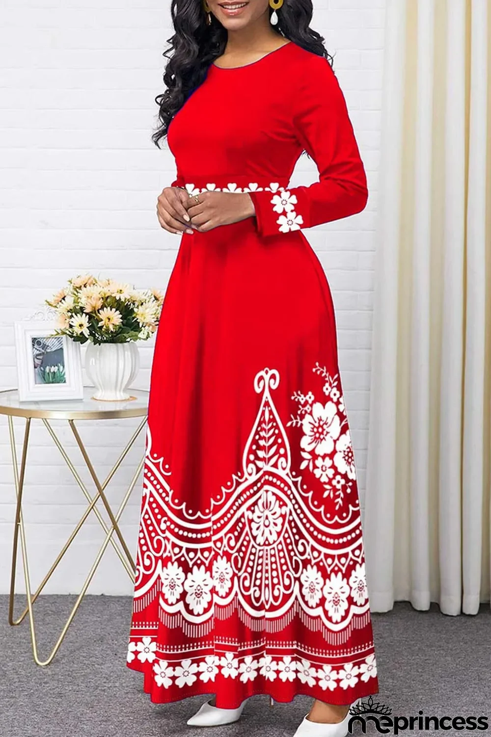 Red Fashion Casual Print Split Joint O Neck Long Sleeve Dresses